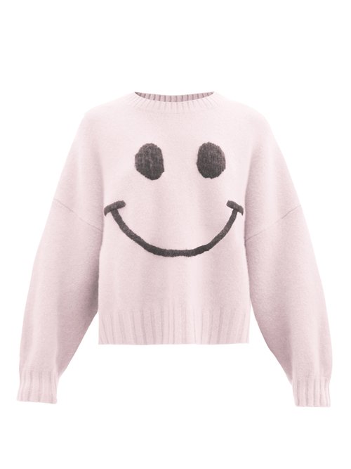 Joostricot - Smiley Face-embroidered Merino-wool Blend Sweater Light Pink