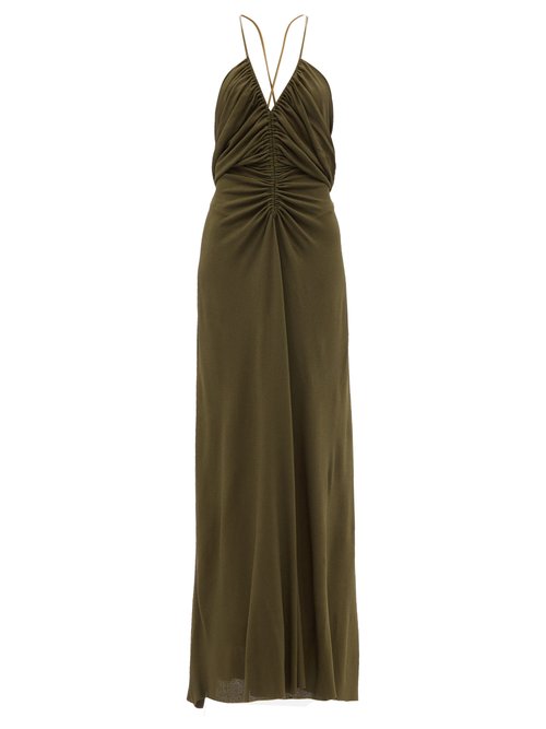 Petar Petrov - Amia Ruched-front Leather-strap Maxi Dress Dark Green