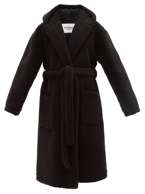 Balenciaga – Hooded Wool-blend Faux-shearling Robe Coat Black