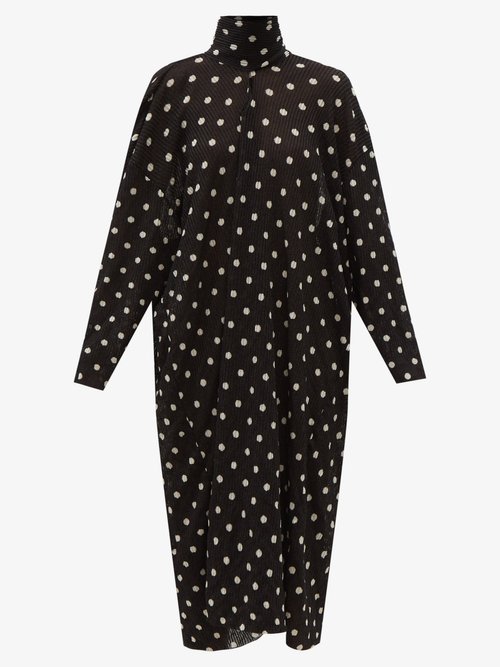 Balenciaga – Tie-neck Polka-dot Ribbed Dress Black White