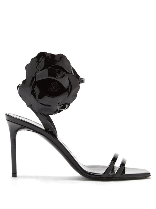 Saint Laurent - Amber Flower-corsage Patent-leather Sandals Black