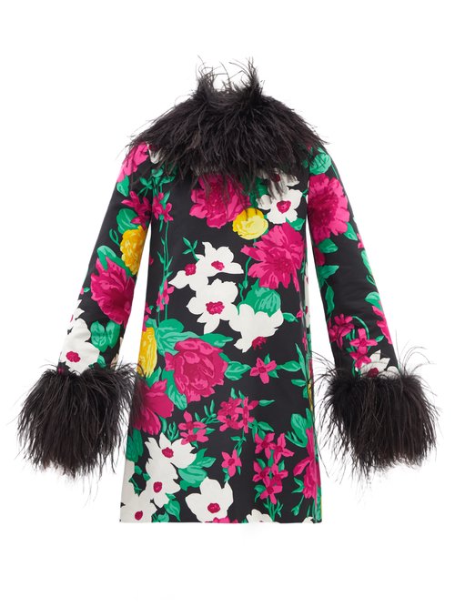 Saint Laurent - Feather-trim Floral-jacquard Cotton-faille Dress Multi