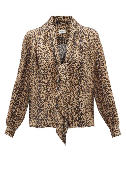 Saint Laurent - Plunge-front Leopard-print Silk Blouse Multi