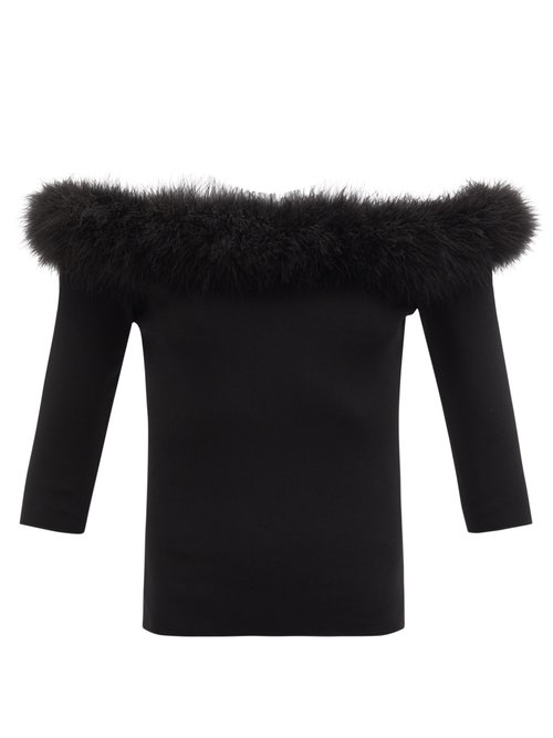Saint Laurent - Off-the-shoulder Feather-trim Stretch-knit Top Black