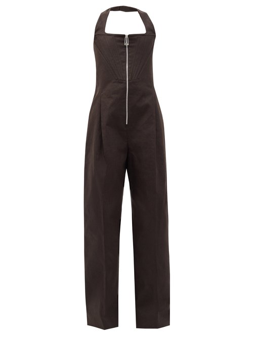 Bottega Veneta - Front-zip Wide-leg Linen-blend Jumpsuit Brown