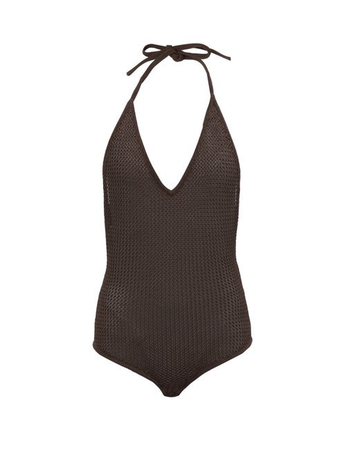 Bottega Veneta - Halterneck Open-knit Cotton-blend Bodysuit Dark Brown