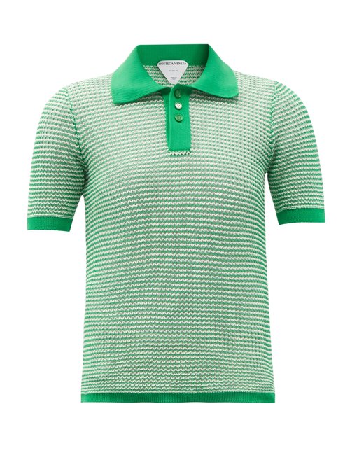 Bottega Veneta - Striped Cotton-blend Knitted Polo Top Green