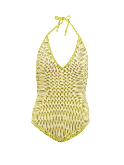 Bottega Veneta - Halterneck Cotton-blend Fishnet Bodysuit Yellow Multi