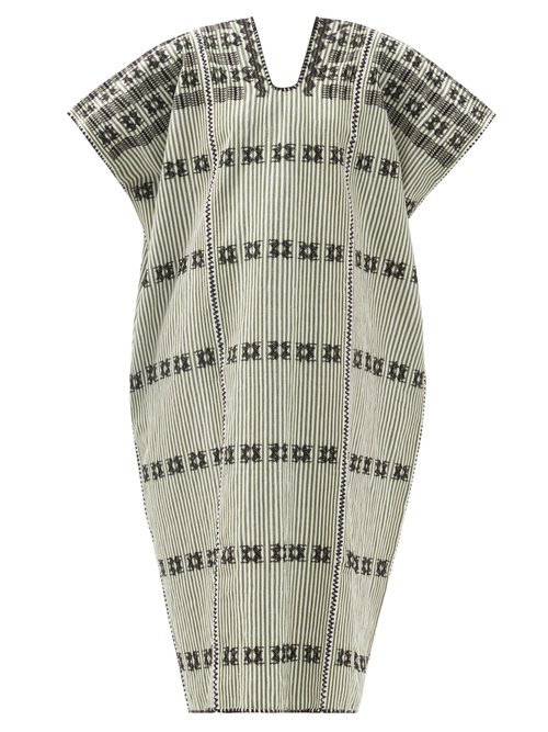 Pippa Holt - No.268 Embroidered Striped Cotton Kaftan Khaki Beachwear