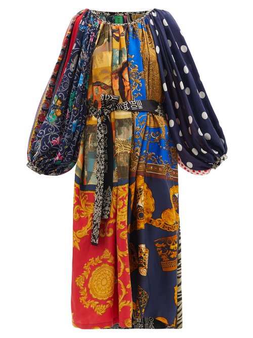 Rianna + Nina - Patchwork Gathered-neck Vintage-silk Dress - Womens - Multi