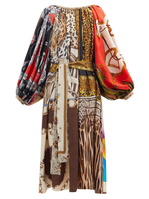 Rianna + Nina - Patchwork Gathered-neck Vintage-silk Dress Multi