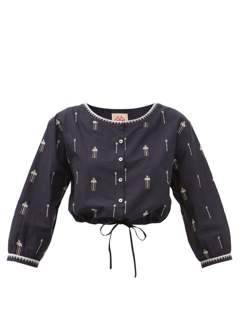 Le Sirenuse, Positano - Jinny Floral-embroidered Cotton-poplin Cropped Top Navy