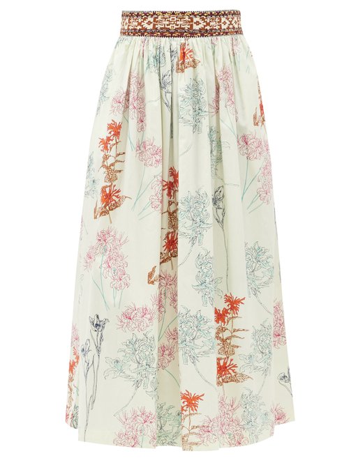 Le Sirenuse, Positano - New Jane Spring Flowers-print Cotton Midi Skirt Green Print Beachwear