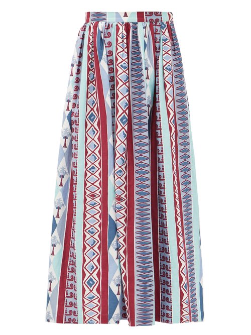 Le Sirenuse, Positano - New Jane Arlecchino-print Cotton-poplin Midi Skirt Blue Print Beachwear
