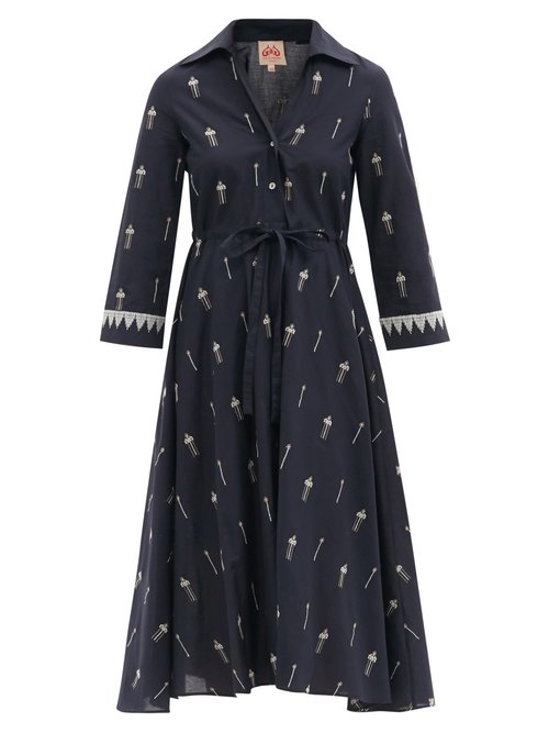 Le Sirenuse, Positano - Lucy Floral-embroidered Cotton Midi Shirt Dress Navy