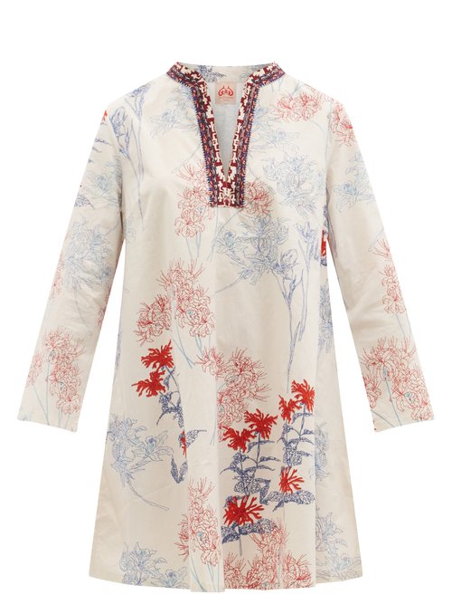 Buy Le Sirenuse, Positano - Charlotte Spring Flowers-print Cotton Mini Dress White Print online - shop best Le Sirenuse, Positano clothing sales
