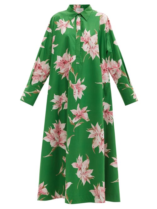 Valentino - Lily-print Cotton-poplin Maxi Shirt Dress Green Multi