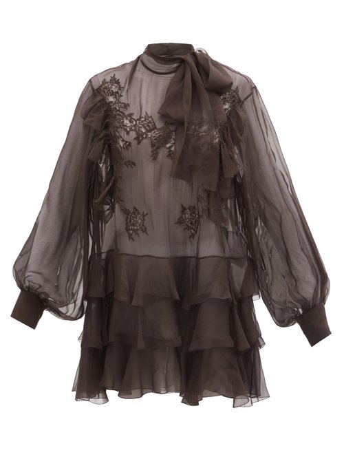 Valentino - Pussy-bow Lace-trimmed Silk-chiffon Blouse Dark Brown