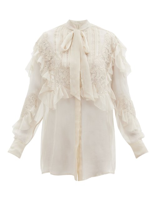 Valentino - Pussy-bow Lace-trimmed Silk-chiffon Blouse Cream