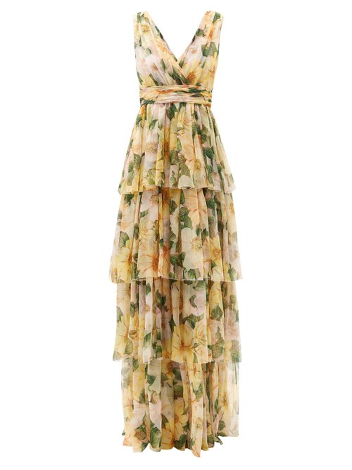 Dolce & Gabbana – Tiered Camellia-print Silk-chiffon Gown Yellow Multi