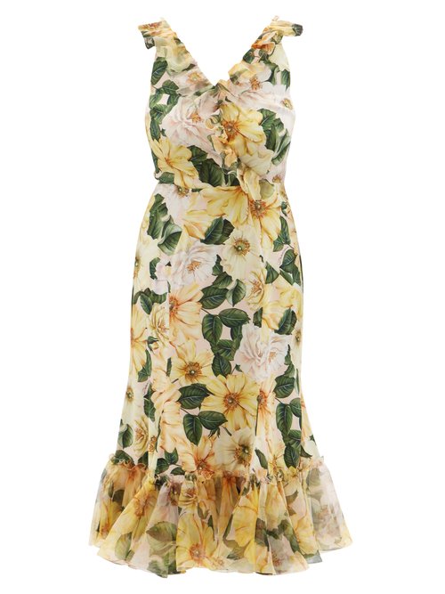 Dolce & Gabbana – Camellia-print Ruffled Silk-blend Midi Dress Yellow Multi