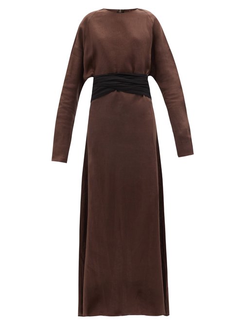 Albus Lumen - Mare Tie-waist Linen Maxi Dress Dark Brown