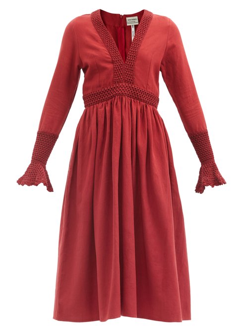 Escvdo - Cora Crochet-trim Cotton Midi Dress Dark Red