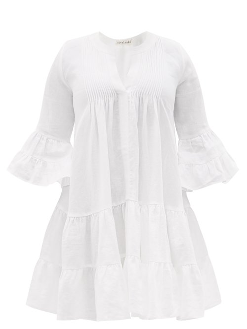 Casa Raki - Delfina Tiered V-neck Organic-linen Mini Dress White