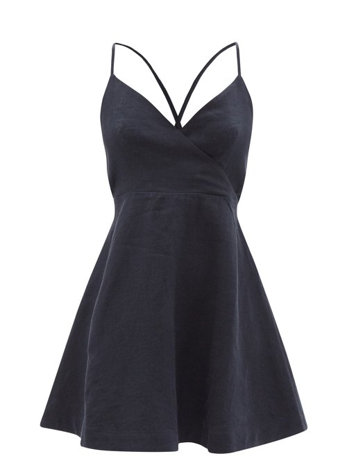 Casa Raki - Ofelia Back-ties Organic-linen Mini Dress Navy
