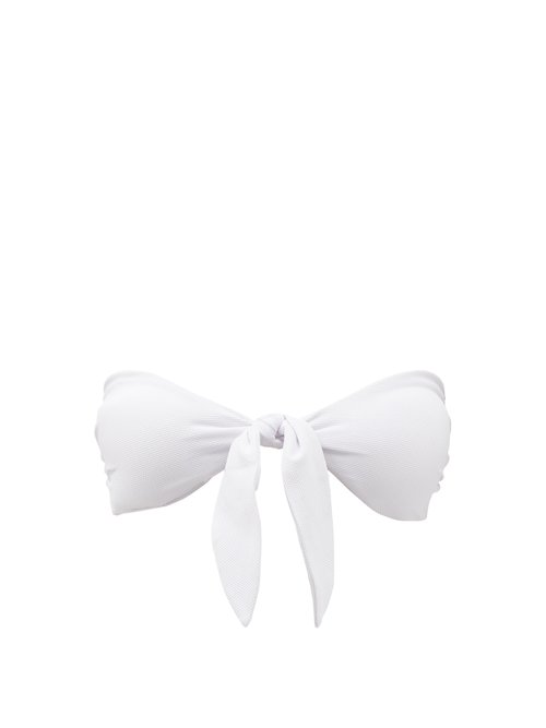 Casa Raki - Flor Knotted Honeycomb-effect Bandeau Bikini Top White Beachwear