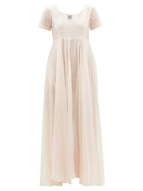 Buy Thierry Colson - Romy Smocked Striped Cotton-voile Maxi Dress Pink White online - shop best Thierry Colson clothing sales