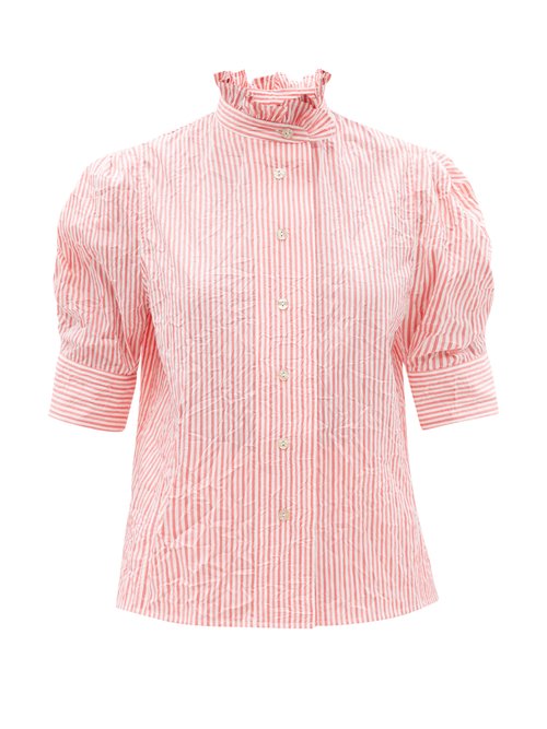 Thierry Colson - Vita Gigot-sleeve Crinkle Stripe Cotton Blouse Pink Stripe