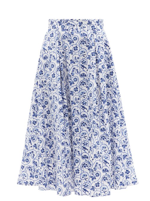 Thierry Colson - Wynona Floral-print Cotton-poplin Skirt Blue White Beachwear