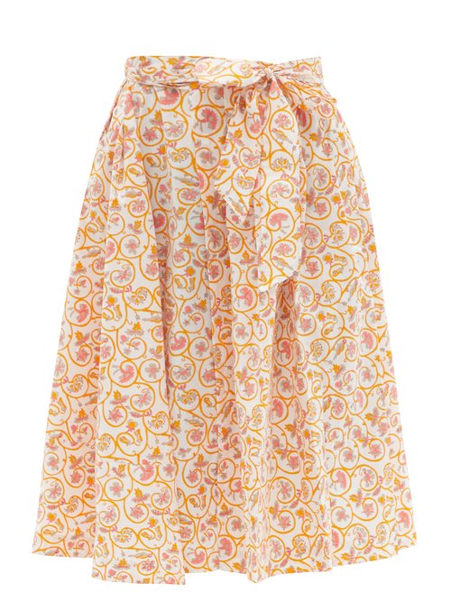 Thierry Colson - Java Pleated Floral-print Waist-tie Cotton Skirt Yellow Print Beachwear