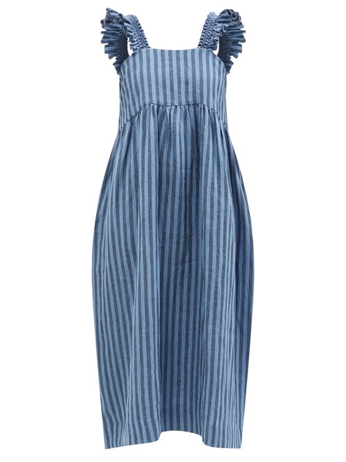 Cawley Studio - Iris Hand-smocked Striped Linen Midi Dress Blue Multi
