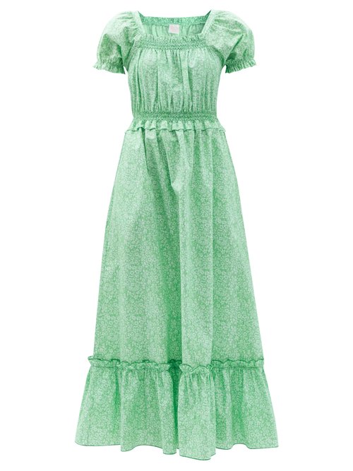 Loretta Caponi - Stefania Floral-print Smocked Cotton Dress Green
