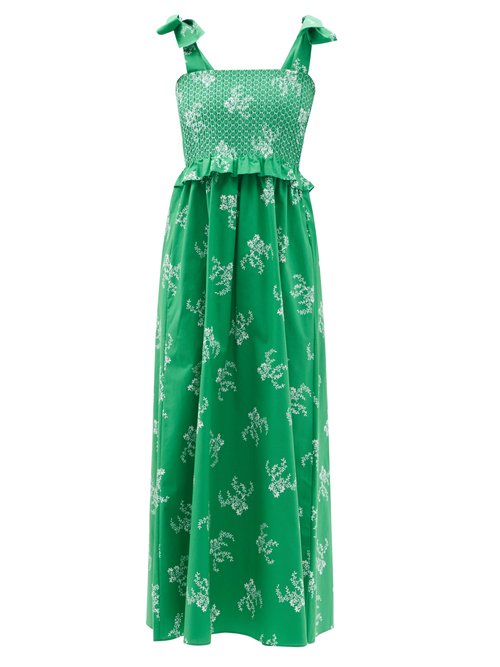 Loretta Caponi - Laudomia Shirred Floral-print Cotton Dress Dark Green