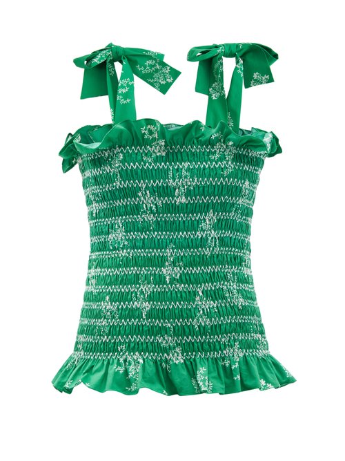 Loretta Caponi - Alma Tie-shoulder Shirred Cotton Top Dark Green