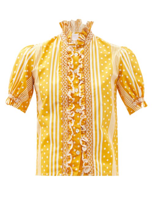Loretta Caponi - Donatella Polka-dot And Striped-cotton Blouse Yellow