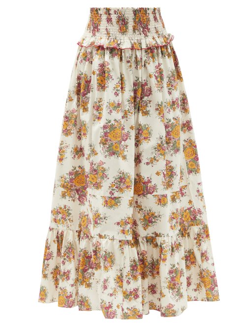 Loretta Caponi - Amira Shirred Floral-print Cotton Skirt White Print Beachwear