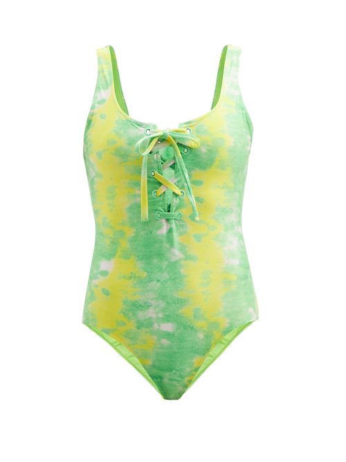 Ganni - Abstract-print Recycled-fibre Jersey Swimsuit Green Multi Beachwear