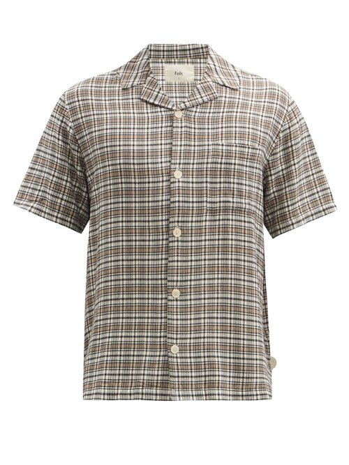 Folk Cuban-collar Check Short-sleeved Shirt