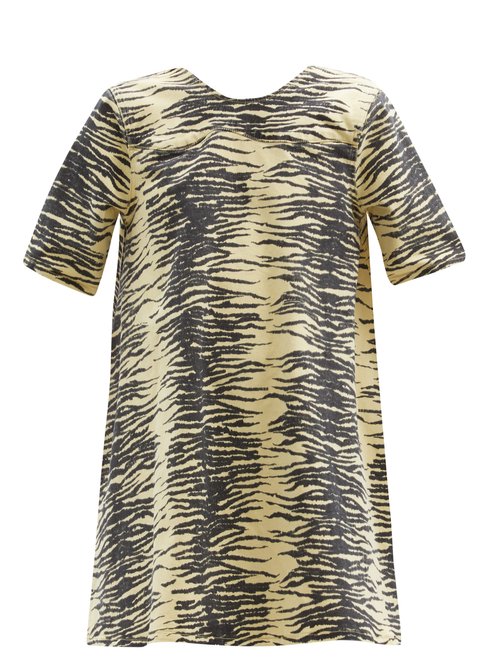 Ganni – Zebra-print Organic Cotton-blend Denim Mini Dress Yellow