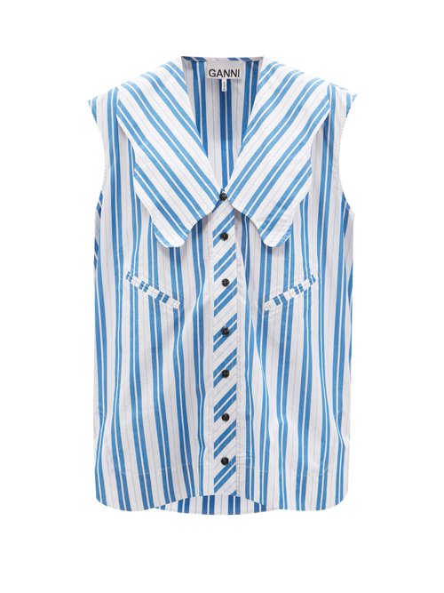 Ganni - Chelsea-collar Striped Organic-cotton Shirt Blue White
