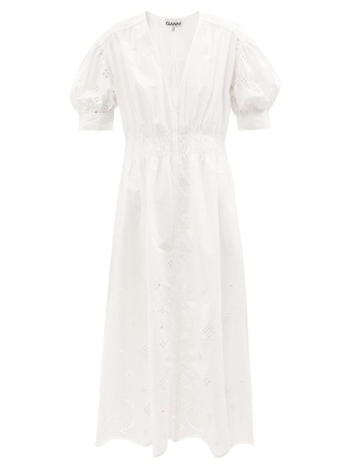Ganni - Puff-sleeve Broderie-anglaise Organic-cotton Dress White