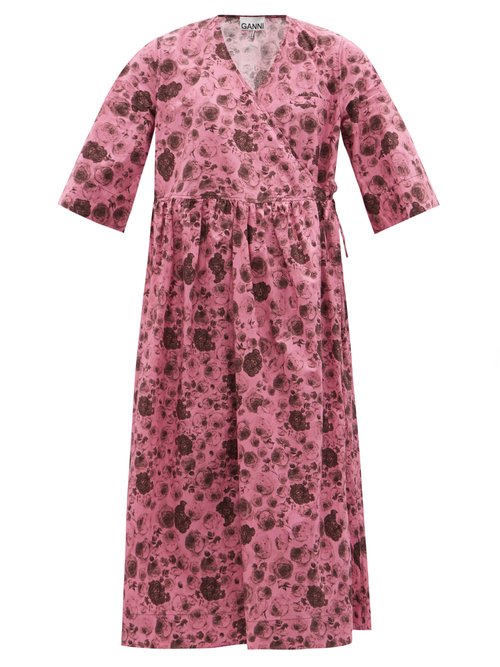 Ganni - Floral-print Organic-cotton Poplin Midi Wrap Dress Pink