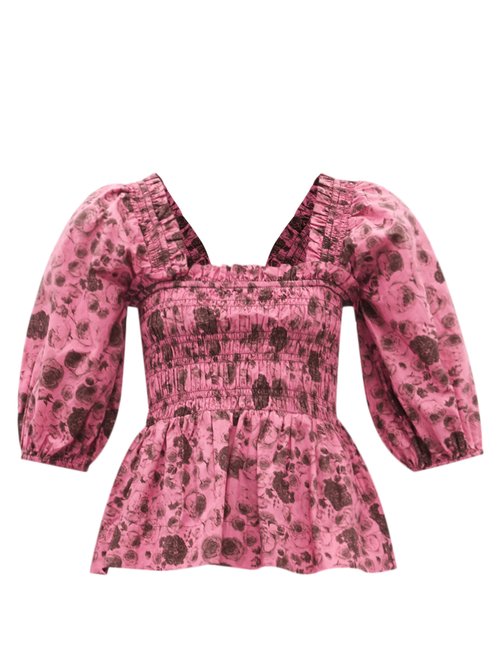 Ganni - Shirred Rose-print Organic-cotton Blouse Pink