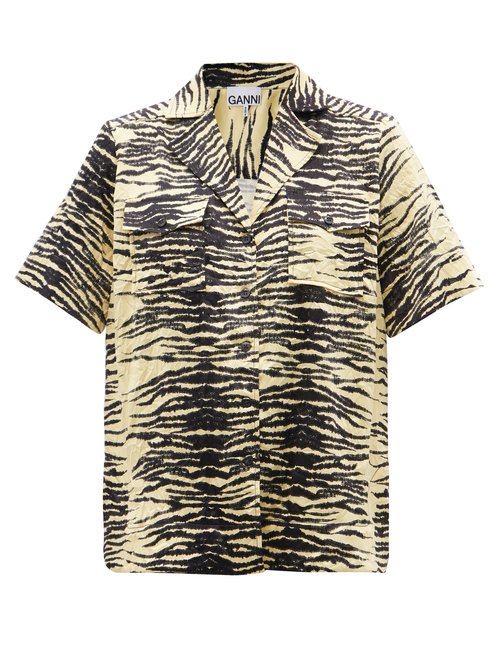 Ganni - Cuban-collar Zebra-print Crinkled-twill Shirt Yellow
