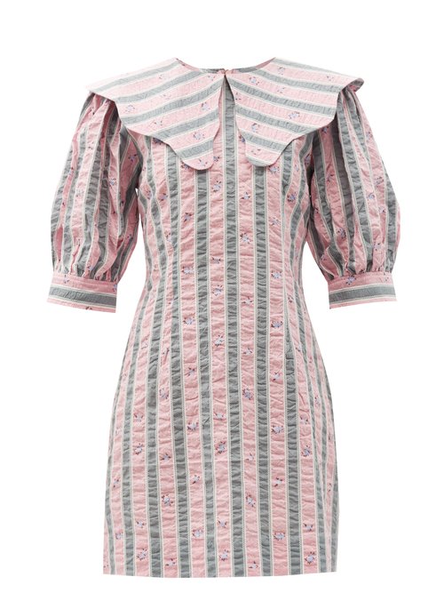 Ganni - Exaggerated-collar Striped Organic-cotton Dress Light Pink