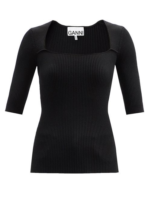 Ganni - Square-neck Ribbed-knit Top Black
